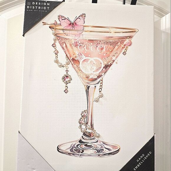 Design District Hand Embellushed Gucci Martini Butterfly Glass Canvas Wall Decor - Picture 3 of 6